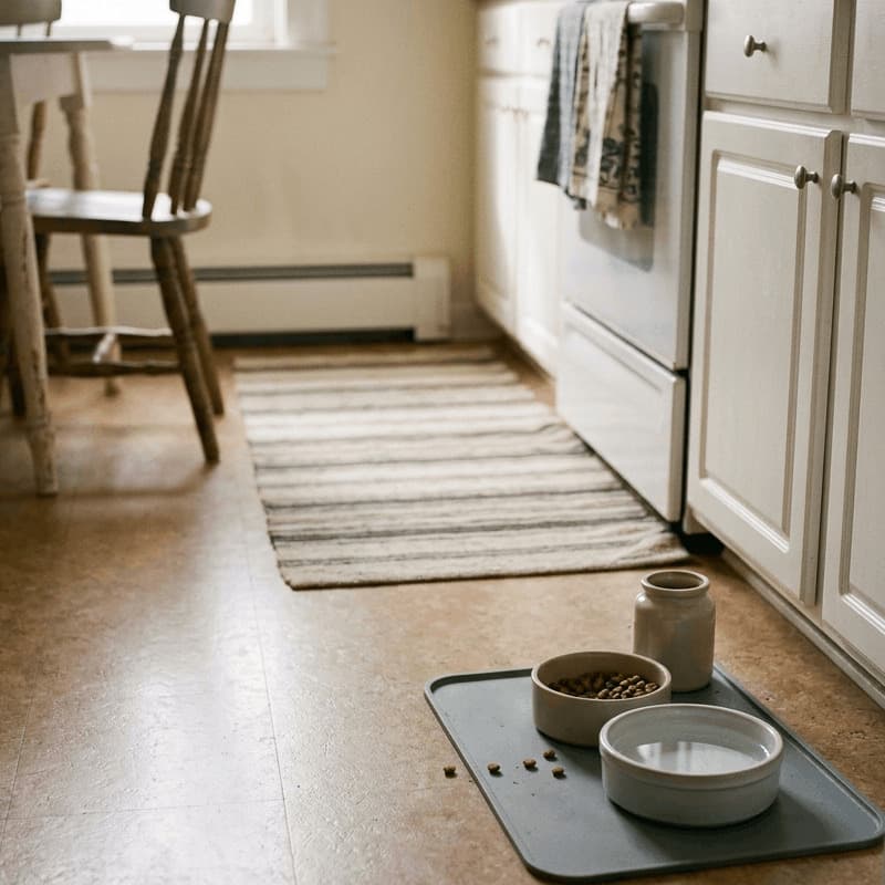 Static gallery thumbnail placeholder for a home kitchen pet-care video with a food bowl area.